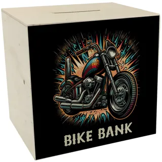 Chopper-Motorrad Spardose aus Holz mit Spruch Bike Bank Glänzender Metallglanz Chrom-Auspuff Custom-Bike Highlight Sparen im Zweirad-Stil