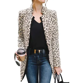 Springcmy Damen Leopard Blazer Langarm Open Cardigan Herbst Winter Office OL Jacken - M