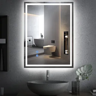 Youyijia Spiegel Mit Beleuchtung, 80x60 cm Badspiegel Mit Beleuchtung Mit Touch-Schalter Beschlagfrei, 3 Lichtfarben Dimmbar,3500K-6500K Badezimmerspiegel (Beschlagfrei+Dimmbar)