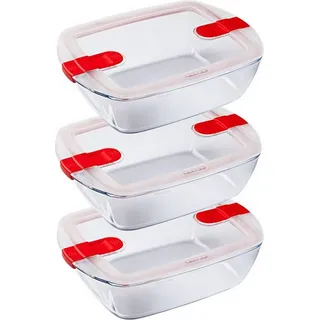 Pyrex Cook & Heat – Set 3 identischen quadratischen Behältern – 1 l – Borosilikatglas – Lunchbox – Hermetischer Deckel speziell für die Mikrowelle – hergestellt in Frankreich