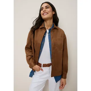 Hemdjacke TAMARIS "aus weichem Veloursleder-Imitat", Damen, Gr. 46, braun (hellbraun), Web, Obermaterial: 92% Polyester, 8% Elasthan, clean, unifarben, figurumspielend hüftbedeckend, 1-Knopf-Manschette, Jacken, hüftbedeckende Länge, mit Knopfleiste