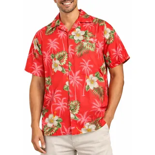 King Kameha Hawaii Hemd Männer - Komfortables Hawaiihemd Herren Kurzarm mit Front-Tasche & Blumen-Print - L