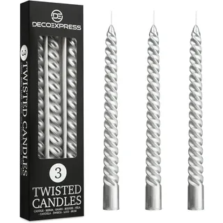 DECO EXPRESS Stabkerzen Set 3er oder 6er Tropffreie Stabkerzen Gedrehte Spiralkerzen Bunte Kerzen Brenndauer 6 Stunden Unparfümiert (Silber, 3er-Pack)