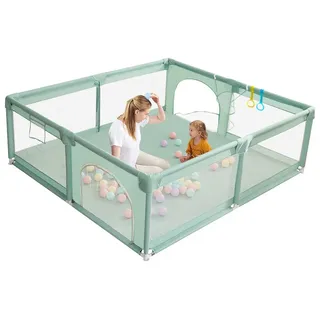 Comomy Laufgitter (Laufstall Baby Spielzaun 200x160cm), mit Ozeanbälle, Basketballkorb, Tragetasche grün