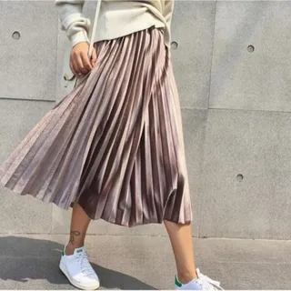 ZXCL Frühling 2020 Frauen Lange Metallic Silver Maxi Faltenrock MIDI Rock Hohe Taille Elastizität Casual Party Rock-Khaki,One Size