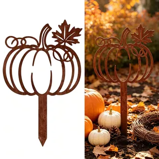 Timasser Halloween Gartenstecker mit Spieß Herbstdeko Kürbis mit Ahornblatt Rostdeko Gartendeko Wetterfest Metall Garten Rost Deko Kürbis Groß Rostfiguren Helloween Dekorationen 30cm (A)