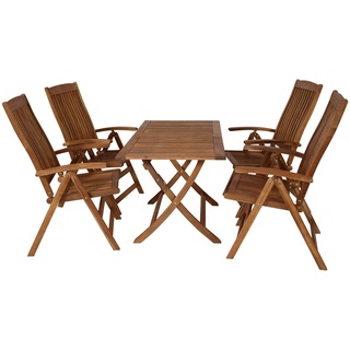 DEGAMO Garten-Essgruppe MARACANA, (5-tlg), (4x Klappsessel, 1x Klapptisch 70x120cm), Akazie geölt braun
