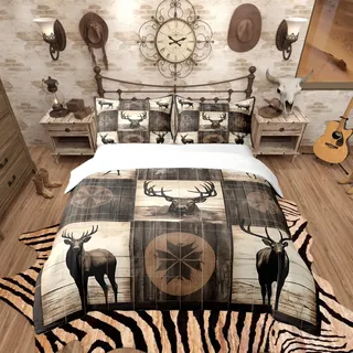 Homemissing Hirsch Bettwäsche Set 135x200cm Wild Hirsch Bettbezug Set für Kinder Erwachsene Geometrie Betten Set Wildtiere Bettdeckenbezug Zimmer Dekor 2Stück Mit 1 Kissenbezug