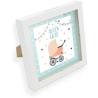 itenga Geldgeschenk I Spardose I Kinderwagen Geburt I Gutschein I Bilderrahmen zum Befüllen I Geschenkverpackung I inkl. Einleger und Mini-Briefumschlag zum Dekorieren