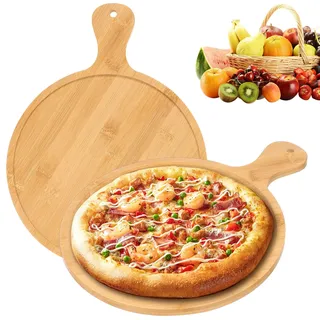 Goshoppers 2er Pizzateller mit Griff aus schnittfestem Bambus (28 cm) | Vielseitiges Pizzabrett rund für Pizza, Flammkuchen & Brot, leicht & nachhaltig, Ideal als Dekoteller für Hochzeiten & Partys