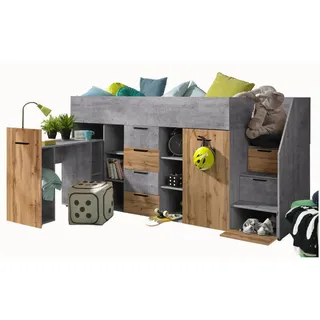 Abiks Möbel Hochbett, Grau, Eiche Wotan, Holz, Nachbildung, 10 Fächer, 4 Schubladen, 90x200 cm, Kinder- & Jugendzimmer, Kindermöbel, Kinderbetten, Hochbetten
