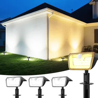 Linkind solarlampen 2 in 1 Solar Strahler Außen mit Bewegungsmelder 3000K & 6500K, 60-LEDs Außen Gartenstrahler mit Dauerlicht und Lade-anzeige, IP67 Wasserdicht Solar Wegelampen 8M/120°, 3 Stück