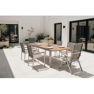 STERN Cardiff Garten-Essgruppe, silber/silbergrau, Edelstahl/Teak, Tisch 180/240 x 100 cm, 4 Stapel-, 2 Klappstühle, FSC®-zertifiziertes Produkt