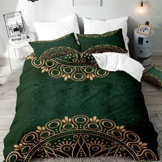 Surwin Bettwäsche-Sets 3 Teilig, Microfaser Bettwäsche Set Einzelbett Doppelbett 3D Mandala Drucken Bettbezug mit Reißverschluss und 2 Kissenbezüge (Dunkelgrün,135x200cm)