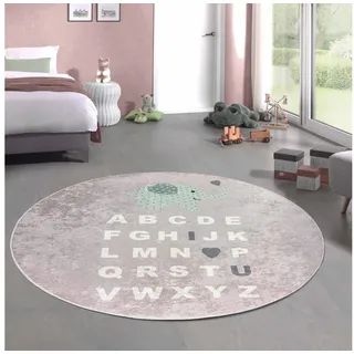 Carpetia Kinderteppich Kinderteppich ABC Alphabet Spielteppich mit Elefant rosa, rund, Höhe: 5 mm rosa rund | 150 cm x 150 cm x 5 mm