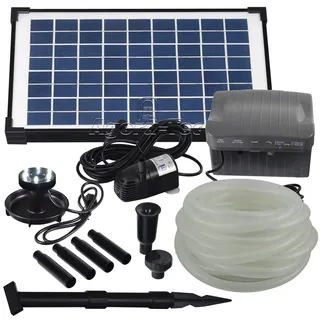 Agora-Tec® AT-Solar Bachlaufpumpen - Set 10W-BLH mit Akku und 6- Fach LED Ring inklusive 9 Meter Bachlaufschlauch und LED Halterung, Hmax.: 600l/h Förderhöhe: 2,45 m bei Verwendung eines Schlauches