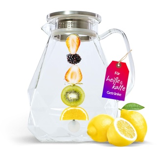 VESTAhome Glaskaraffe mit Deckel (2 L) - Karaffe Glas mit Fruchteinsatz & Reinigungsbürste - Borosilikatglas Wasserkaraffe - Superleichter Krug für Wasser & Säfte