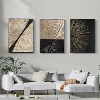 HEHGVCF 3 Stück Leinwand Bilder Schwarz Gold Linien Poster Set Golden Jahresring Vintage Wandbilder Wohnzimmer Home Deko Kunstdrucke Leinwandbilder Rahmenlos (B,40 x 60cm)