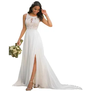 nanger Damen Hochzeitskleider Standesamt Lang mit Schlitz Spitze Chiffon Brautkleider Strand Weiß 46 - 46