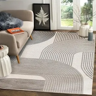 Quadratischer Teppich, 160 x 160 cm, waschbar, rutschfest, Dicker Teppich für Eingang, Dachboden, Balkon, Heimdekoration, Moderne geometrische Linien, Beige
