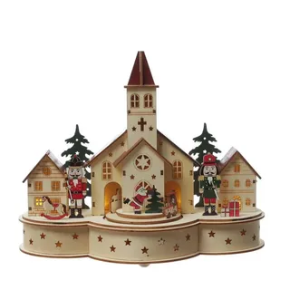 MARELIDA Weihnachtsdorf LED Holz Weihnachtsstadt mit Musik und fahrendem Zug Spieluhr beige