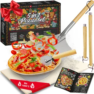 MIWEBA Heidenfeld 5in1 Pizza-Set, Pizzastein, 2in1 Pizzaschieber, Pizzaschneider, Holzgriffe, Pizza-Zubehör