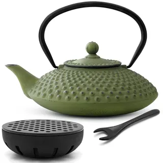 Bredemeijer Teekanne asiatisch Gusseisen Set 1.25 Liter - grüne Gusskanne mit Henkel & Edelstahl Tee-Filter Sieb-Einsatz für losen Tee & gusseisernen Stövchen & Deckelheber