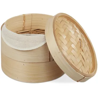 Relaxdays Dampfgarer Bambus 2 Etagen Ø 20,5 cm Hellbraun