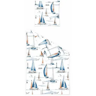 JACK Bettwäsche 135x200cm Maritim Segelschiff Meer, Seersucker, 2 teilig, dezentes und modernes Muster mit Segelschiffen im Meer blau