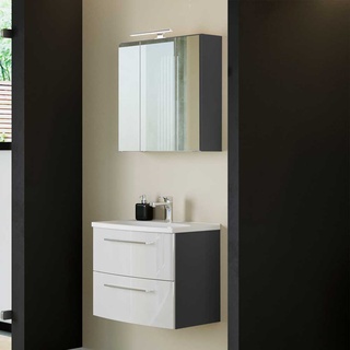 Design Badezimmer Set in Weiß Hochglanz und Dunkelgrau LED Beleuchtung (zweiteilig)