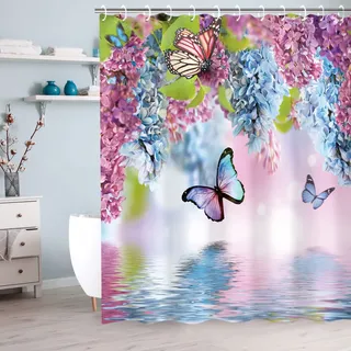 LIVILAN Schmetterlings-Duschvorhänge mit Haken, floraler Duschvorhang, Aquarellblumen und grüne Blätter, Stoffvorhänge für Badezimmerdekoration (182.9 cm Bx182.9 cm H)