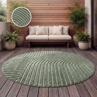 Paco Home Teppich Outdoor Wetterfest, Moderne abstrakte Boho Designs mit 3D Struktur, Pflegeleicht, ideal für Terrasse Wohnzimmer & Küche, Grösse:160 cm Rund, Farbe:Grün 3