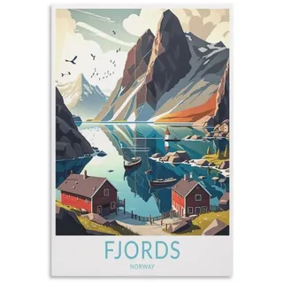 Fjords Norway Vintage-Reiseposter Berg 20 x 30 cm Wandkunstdruck Leinwand Kunst Poster Moderne Familie Schlafzimmer Dekor Poster