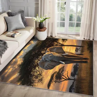 MMYAOKEN Elefant Teppich Wohnzimmer 80x150 Afrika Tiere Sonnenuntergang Deko, Teppich Kurzflor, Weich rutschfest Waschbare Teppiche, Fußmatte Bettvorleger Schlafzimmer Kinderzimmer