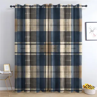 SZLYZM Tartan Kariert Vorhänge, Verdunklungsvorhänge mit Muster Rustikal Landhaus Kariert, Vorhang Blickdicht mit Ösen, Gardinen für Wohnzimmer Schlafzimmer Deko 2er Set - 137x117 (H X B) (Kl-&91)