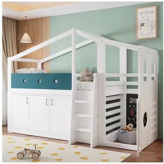 HAUSS SPOLE Hochbett 90x200 Kinderbett mit Stauraumschrank,Hausbett mit Spielbereich,Weiß (Halbhohes Kinderbett 90x200 mit Spielbereich,Leiter und Aufbewahrung, ohne Matratze) Hausförmiges Kinder-Hochbett mit Schrank
