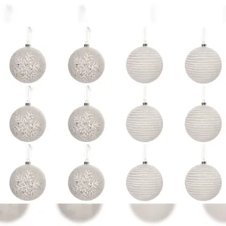 Christmas Decorations 12 Weihnachtskugeln 8cm Kunststoff Schneeflocken Streifen Christbaumkugeln weiß