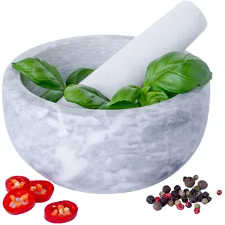 Homiu Marmor-Stößel und Mörser-Set | Premium Solid Stone Grinder Bowl | Kräutermühle Küche | Großer 15,5 cm Durchmesser | Ideal für Guacamole, Gewürze, Kräuter, Ingwer, Knoblauch Crusher
