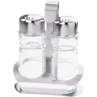 FMprofessional Menage Salz+Pfeffer BASIC, Gestell aus Edelstahl, zwei Streuer aus Glas und Edelstahl, 3-teiliges Tischgestell, praktischer Gewürzständer mit Salzstreuer und Pfefferstreuer