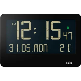 Braun Digitale Wanduhr mit Innentemperatur, Datum, Wochentag, großem umgekehrtem LCD-Display, Schnelleinstellung, Piepton-Alarm in Schwarz, Modell BC14B.