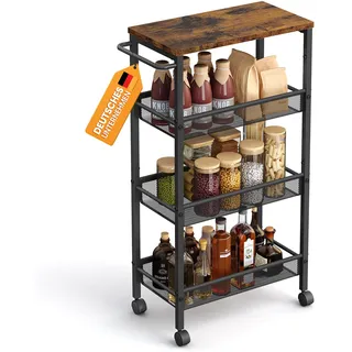 VASAGLE Nischenregal LRC033B01 schwarz mit 4 Ebenen, 45,4 x 22 x 77 cm | mit Rollen, für Küche und Bad, Vintagebraun und Tintenschwarz, DACEY Kollektion