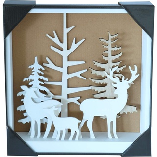Deko LED Holzbild Hirschfamilie im Wald mit 3D Ansicht weiß