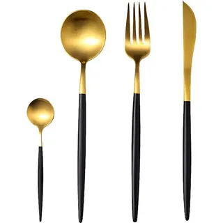 Goldfarbenes Silberbesteck-Set, mattes Besteckset aus Edelstahl 304, flaches Besteckset mit Griffen, Gabeln, Messern und Löffeln, satiniertes Gesc... - Schwarz