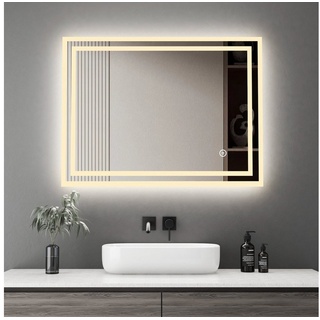 WDWRITTI Badspiegel Spiegel Bad mit beleuchtung 80x60 Led Touch Wandschalter mit ohne Uhr (Wandspiegel Speicherfunktion, Warmweiß, Kaltweiß, Neutral), Helligkeit Dimmbar