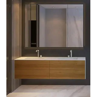 Henneke Doppelwaschtisch Corian® WoodOne+ eckig mit Unterschrank zweireihig, Fugenlos aus Mineralwerkstoff 140 cm x 50 cm x 50 cm
