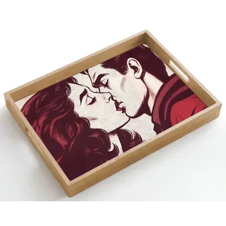 OnlyWow Tablett Rechteckig mit Henkel Kissen - Menschen - Retro - Bordeaux, Eichenholz, (1-tlg), Servierbrett Groß, Tischdeko, Platte, Tisch Deko 50 cm x 35 cm x 5 cm