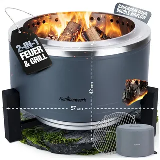 Flammenwerk Feuerschale Rauchfreier Feuerkorb 22" mit Grillrost & Abdeckung, (1-St., Inkl. Grillrost & Abdeckung), Feuerstelle & Grill für Garten, Camping & Terrasse silberfarben