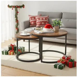 HawthyHome Couchtisch 2er-Set runde Beistelltische aus Holz & Metall (2-St), Moderne Kaffeetische für Wohnzimmer Schlafzimmer braun