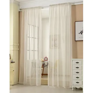 Woltu Gardinen transparent mit Kräuselband Leinen Optik creme 140x175 cm