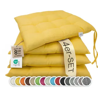 ZOLLNER 4er Set Sitzkissen in 40x40cm - gemütliche Stuhlkissen mit Bindebänder - waschbar bis 30°C - in gelb - Oeko Tex® Zertifiziert